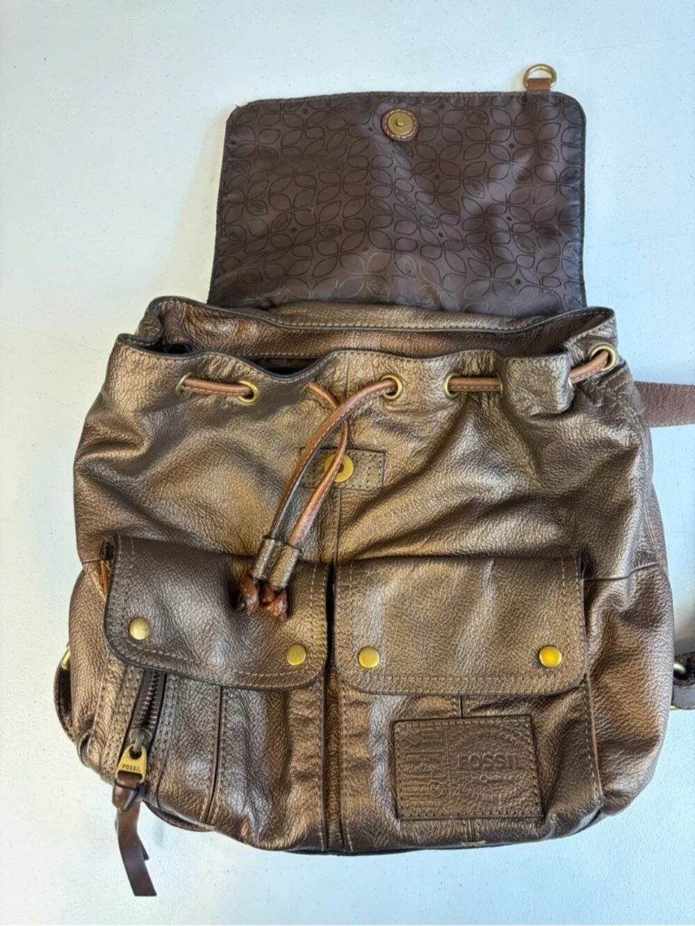 Fossil Womens Brown Leather Backpack Rucksack Boho Travel Shoulder Bag Vintage